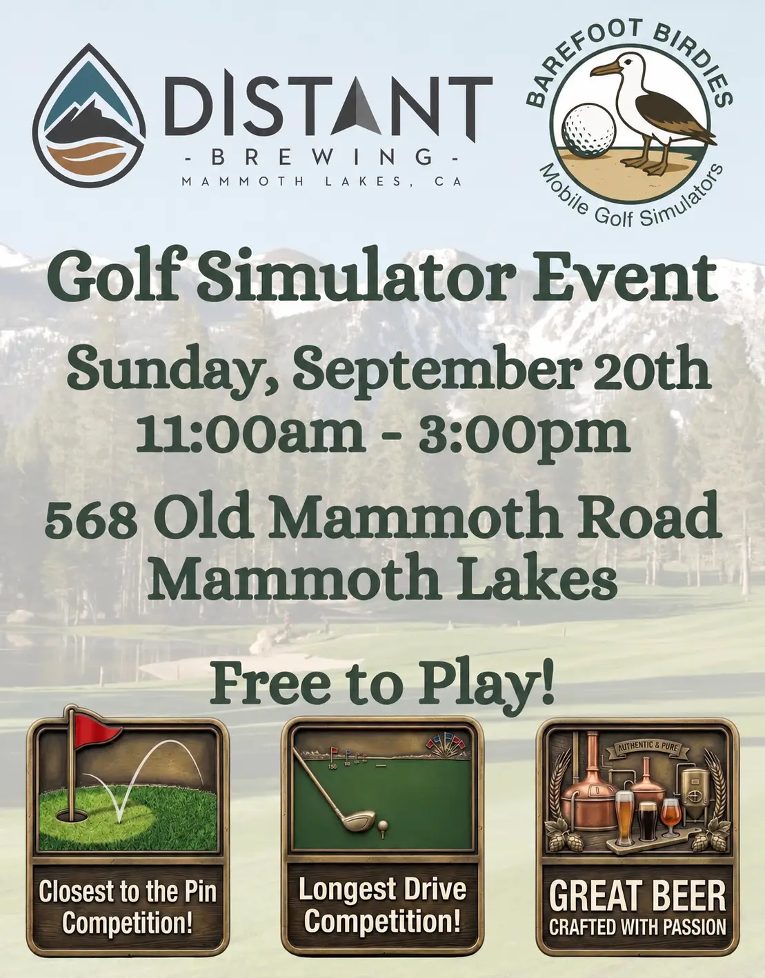 Join us on Sunday September 20th from 11:00am to 3:00pm as we welcome Barefoot Birdies, a mobile golf simulator to our parking lot!