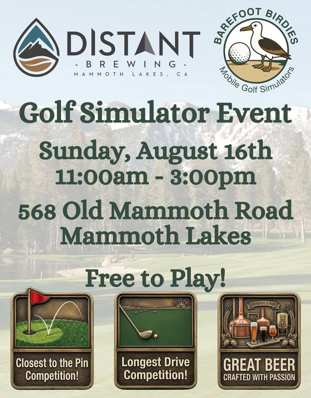 Join us on Sunday August 11th from 11:00am to 3:00pm as we welcome Barefoot Birdies, a mobile golf simulator to our parking lot!
